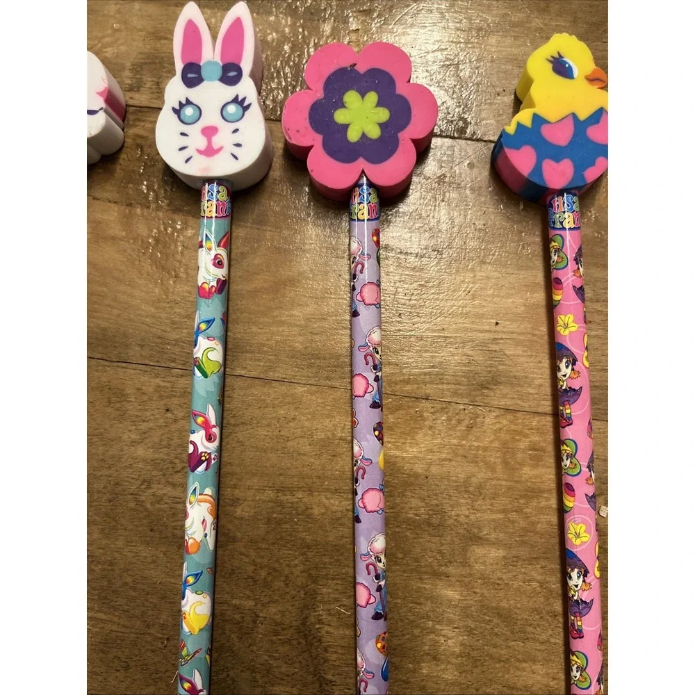 Vintage Lisa Frank Lot 6 NOS Pencils With Toppers Chick Egg Bear Egg Flower 90s